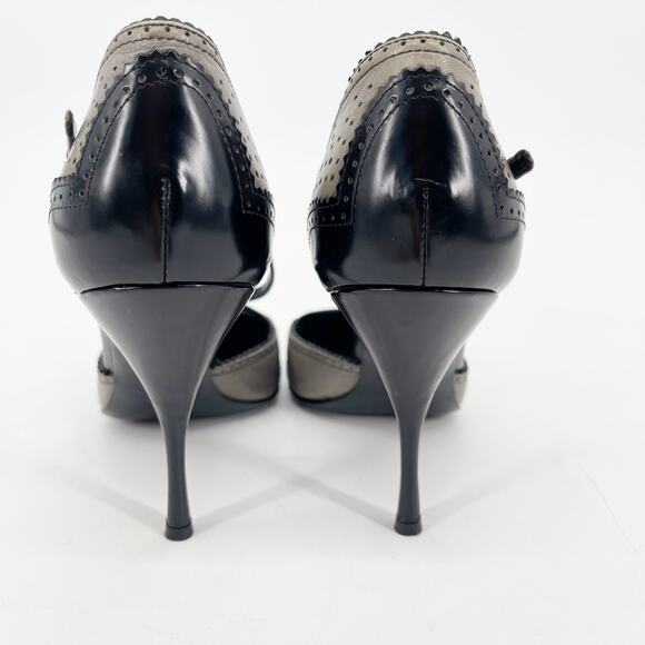 Vintage Prada Gray and Black Brogue Oxford Pointed Toe Mary Jane Heels IT 37 - Picture 9 of 11